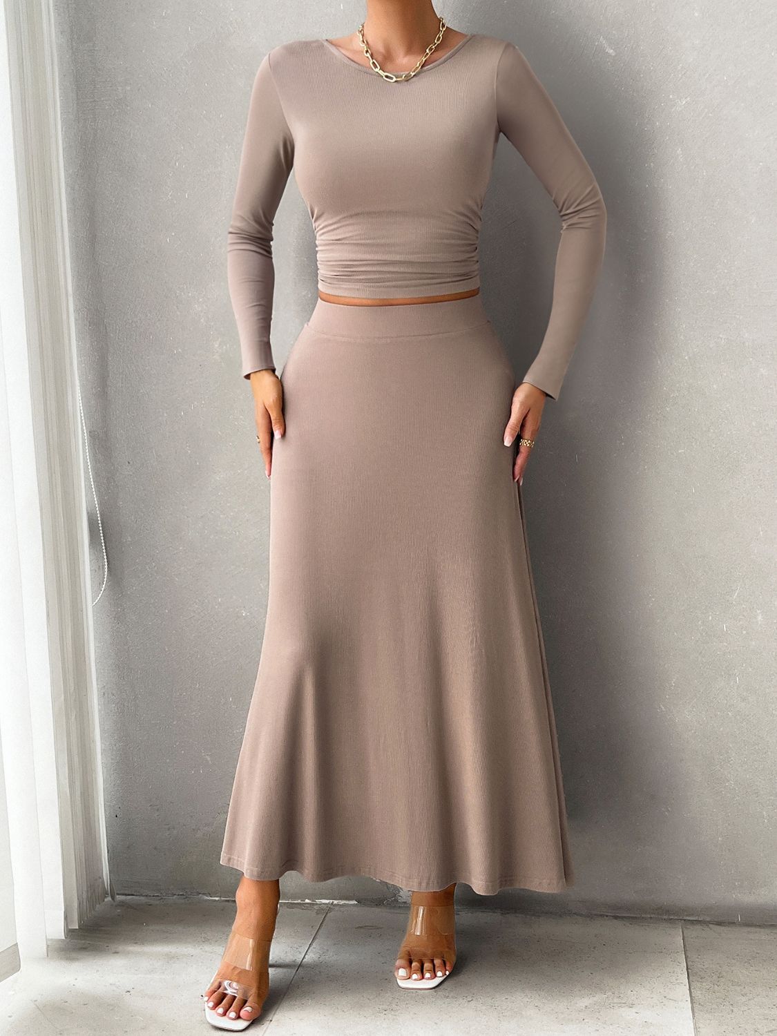 Devine Round Neck Long Sleeve Top and Skirt Set